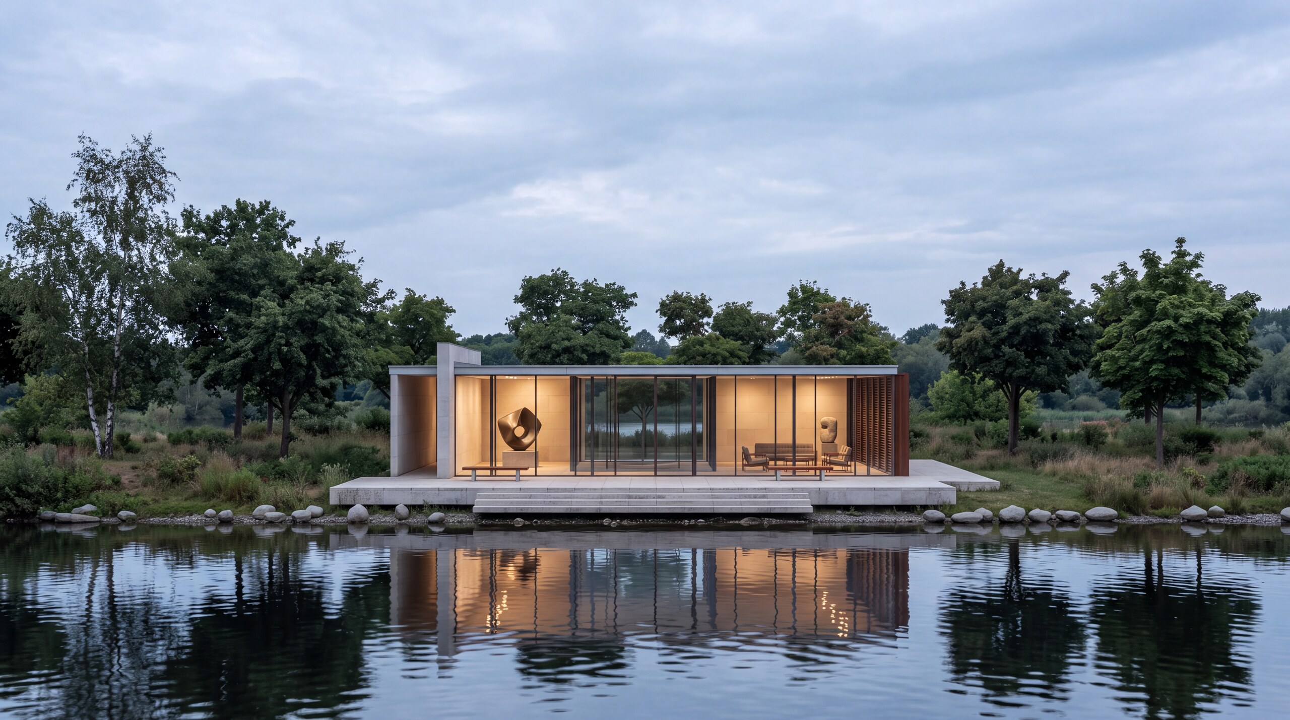Contemporary lakeside pavilion visualization by ZRYMA